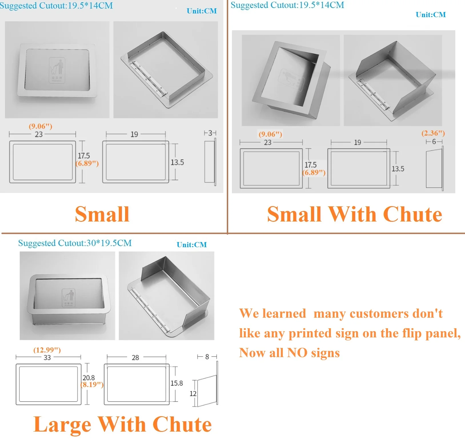 1Piece 304 Stainless Steel Rectanglar Side Mount Trash Chute With Hinged Inward Flip Panel Lid for Kitchen Bath Commerical