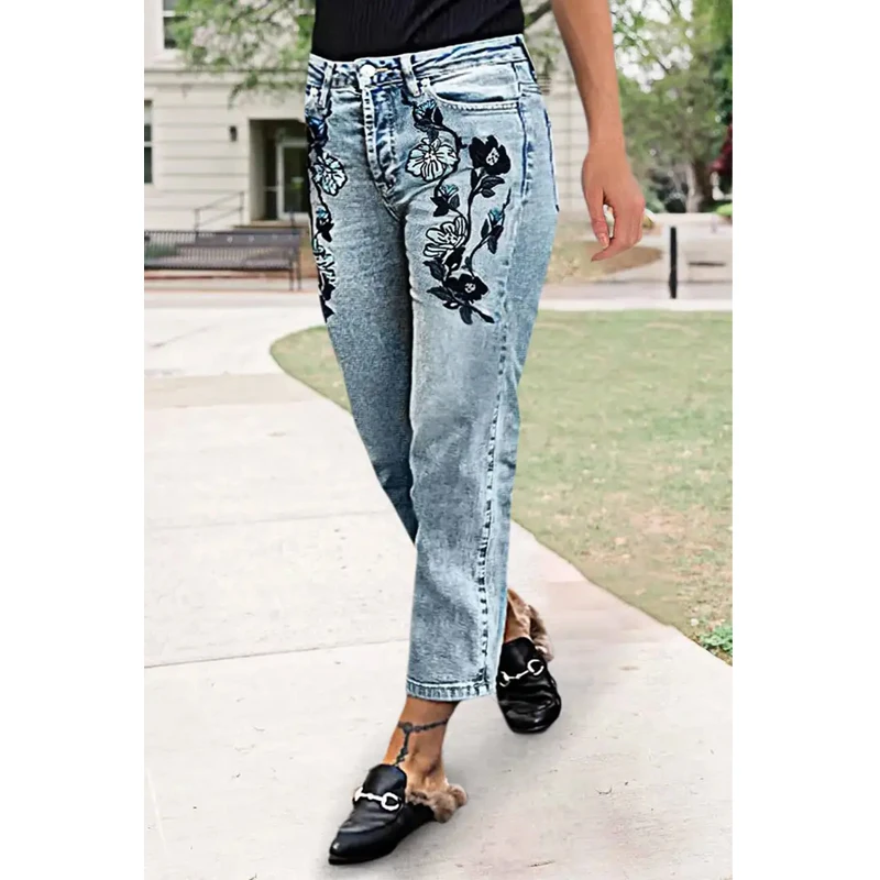 New Slimming Girlfriend Ankle Denim Jeans Flora-Embroidered High Stretchy Ladies Pants Mid Rise Straight Leg Mom's Trousers T49