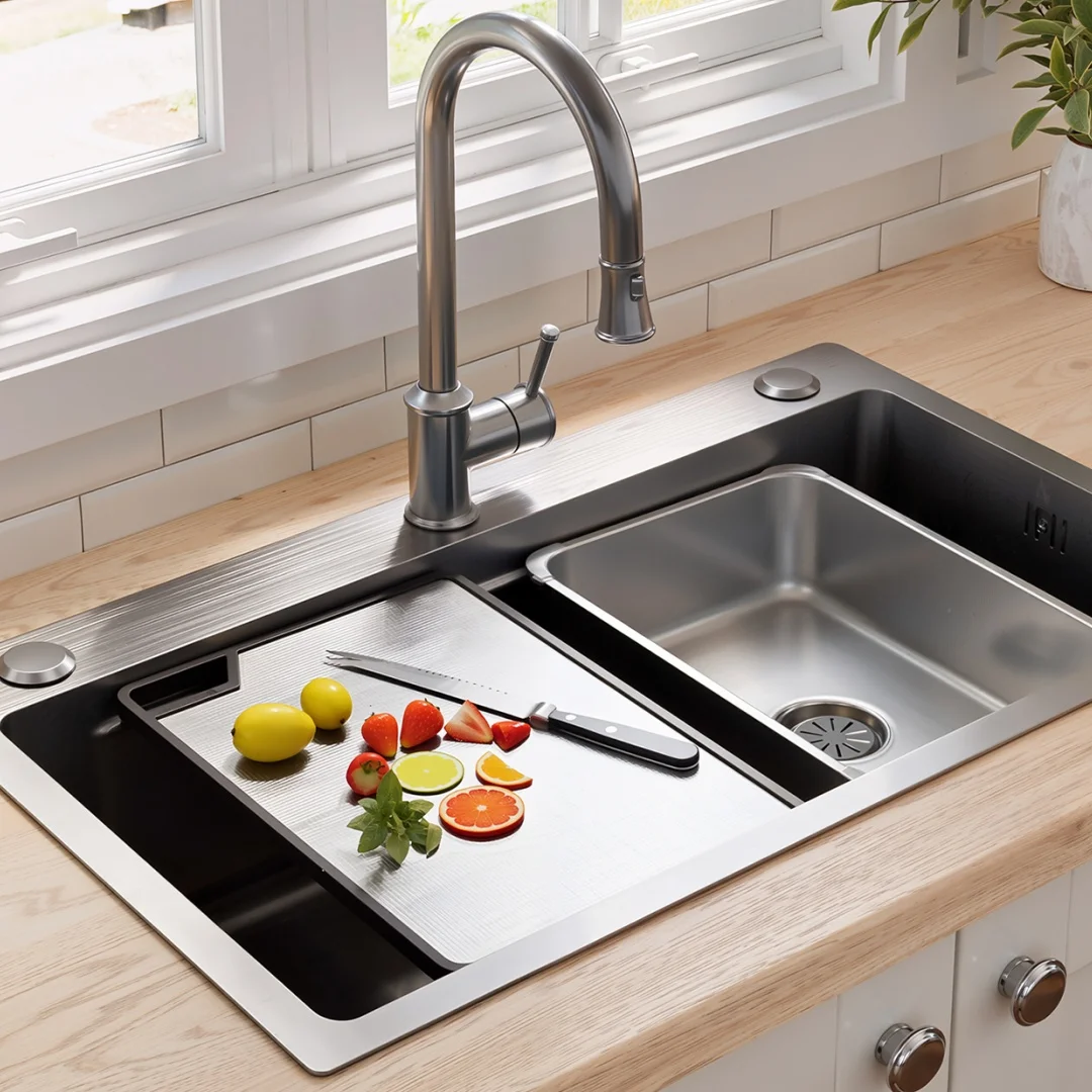 75 x 45 cm RVS Onderbouwkeukenbak met snijplank, extra binnenbak & afdruipmand, PVD-gecoat | Waterfallsysteem voor afwatering & geluidsdemping