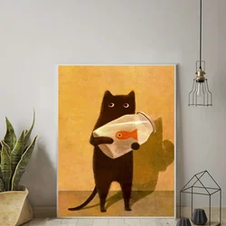 Retro Black Cat Wall Art Canvas Creative Fish Tank Poster Fun Print Home Living Room and Bedroom Decoration Paints  Fashion Gift