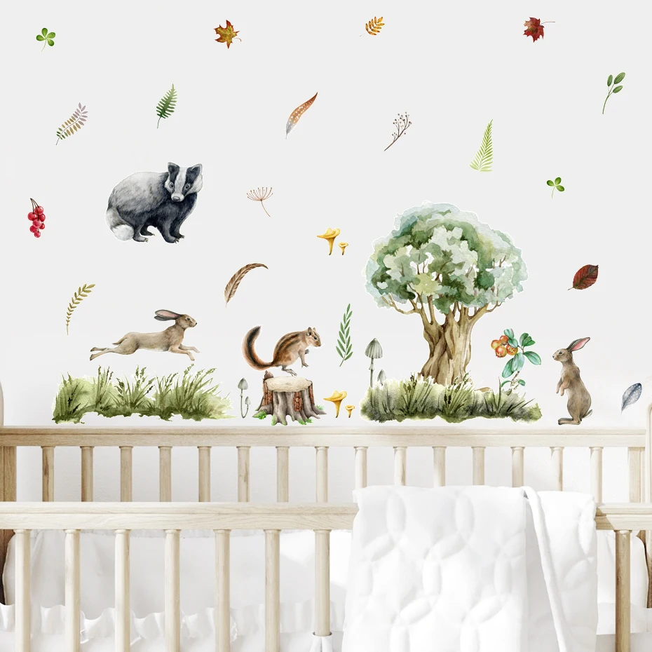 Cartoon Sika Deer Animal Green Leaves Wall Stickers Children Nursery Vinyl Wall Decal Mural Kids Baby Room Interior Home Decor