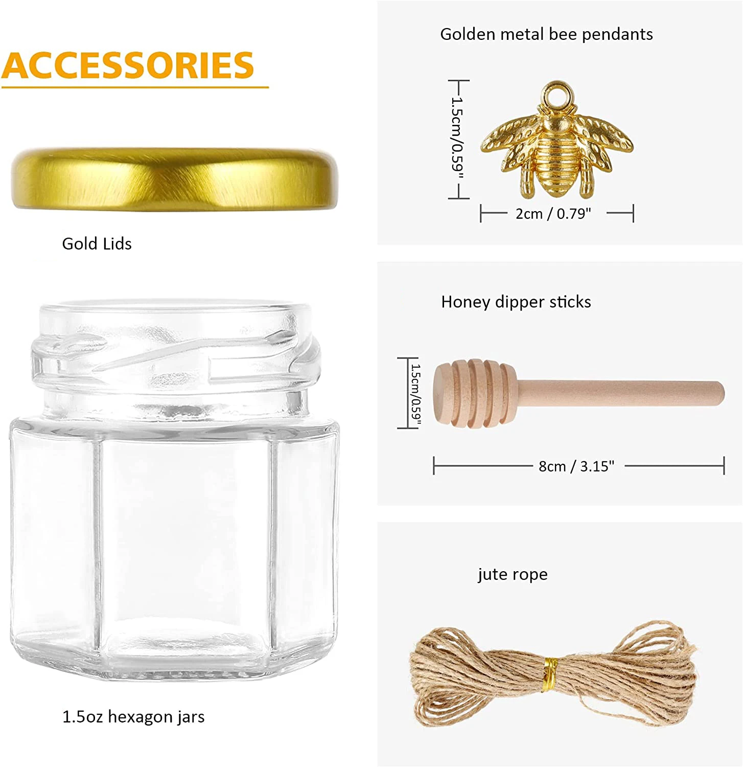 Mini Honey jars-Hexagon honey jars with wooden spoon, bee pendant,Glass Honey jars with lids, Baby Shower, Wedding Favors