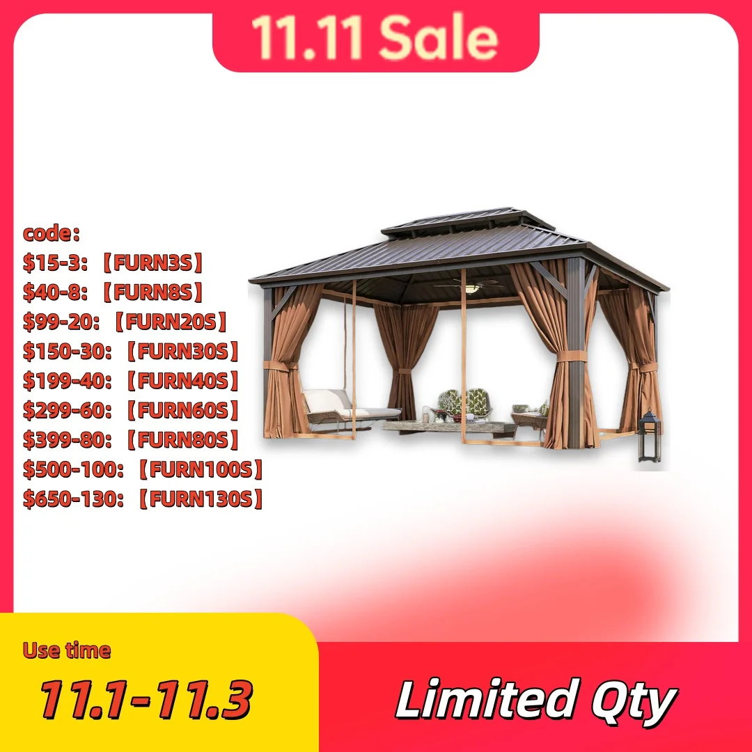 Nordivale 12x16FT Hardtop Gazebo Metal Pavilion Double Galvanized Steel Roof with Netting Curtains for Lawn Garden Patio Brown