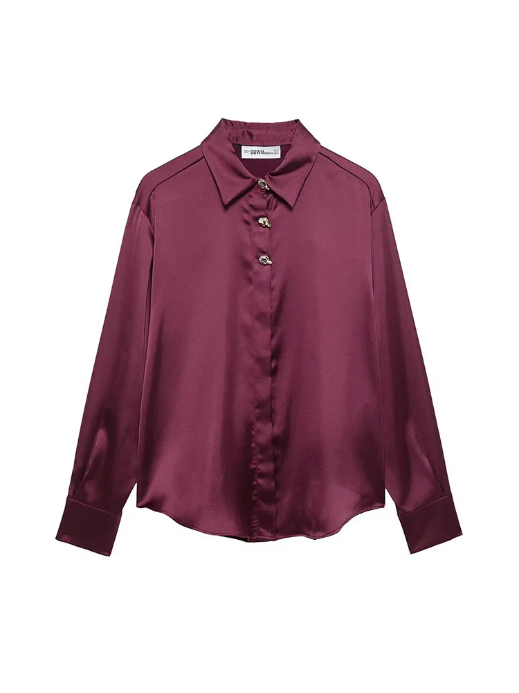 

KUCLUT Women Fashion With Button Wine Red Single Breasted Blouse Vintage Lapel Neck Long Sleeves Female Chic Lady Shirts