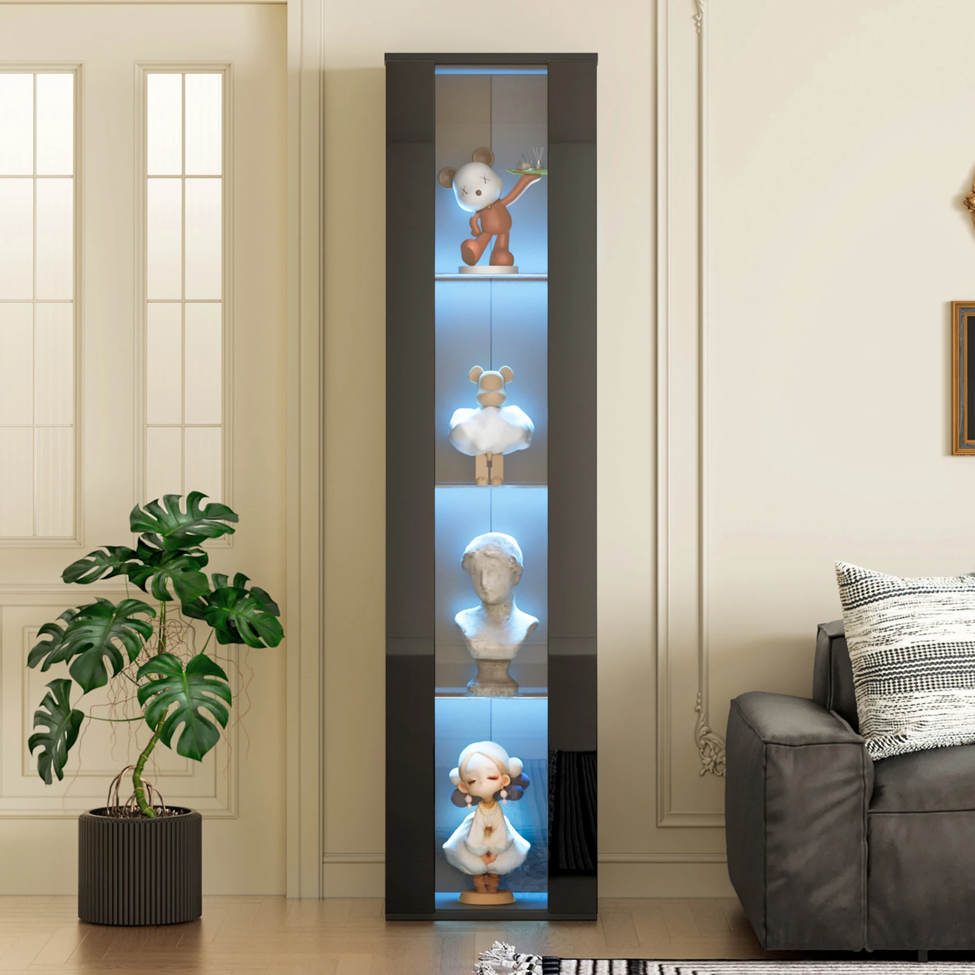 Vitrina, Mueble Exhibidor, Mueble de Almacenamiento para Curiosidades, Vitrina Minimalista de 40×29×170cm con Partición de Vidrio, Luz LED de Cambio de Color con Control por Aplicación, Panel Acrílico Negro para Sala de Estar, Dormitorio, Pasillo, Decoración del Hogar