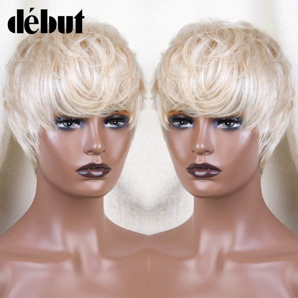 Debut 613 Honey Blonde Color Wig Short Bob Pixie Cut Top Lace Transparent Brazilian Human Hair Wigs With Bangs For Black Women