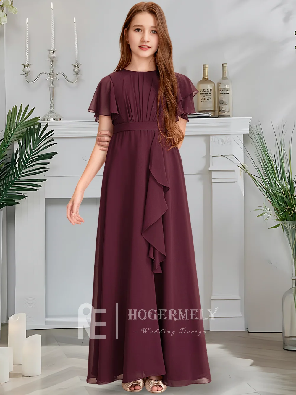 Роскошное платье подружки невесты для юниоров, платье русалки с цветочным узором для девочек, шифоновое платье длиной до пола с каскадными оборками, свадебное платье