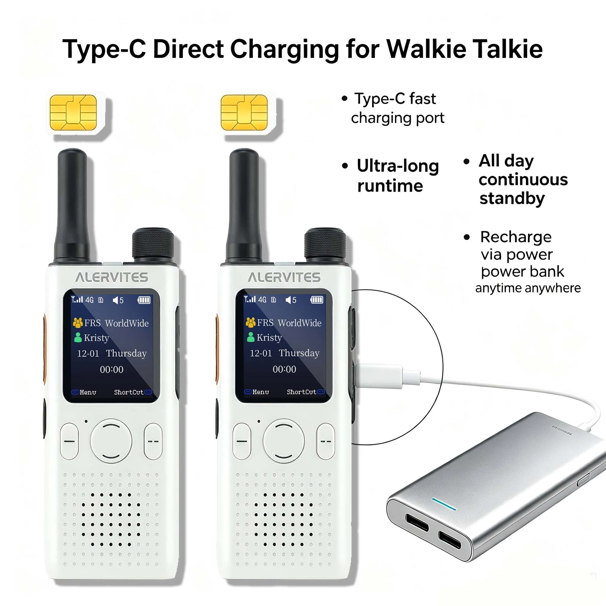 ALERVITES 4G LTE Two-Way Radios (2-Pack) — Nationwide Coverage, Unlimited-Range Push-to-Talk (PTT) Radios; Supports Group Calls, Private Calls, and Ad-Hoc Calls; Features Quick Group Pairing and Crystal-Clear Audio (HD Audio); Suitable for Business