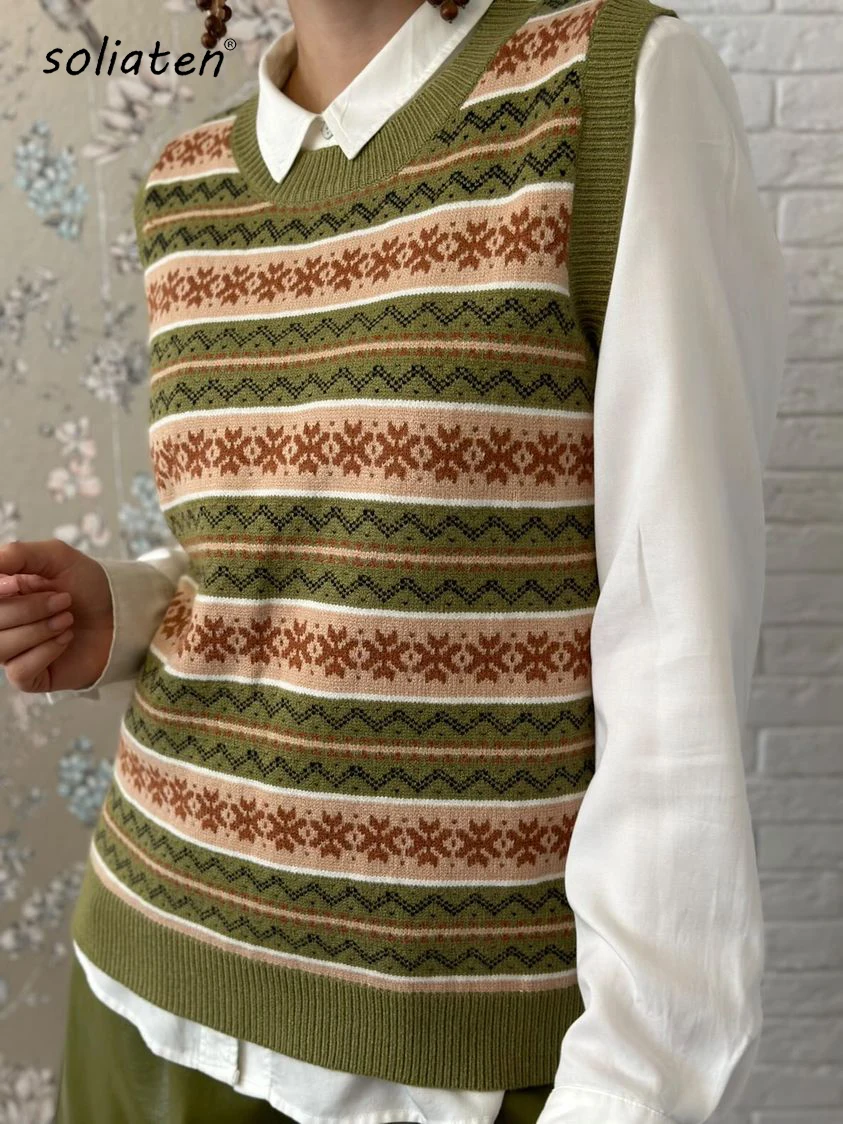 2024 Spring Green Geometric Jacquard  Wool Pullover Vest Crew Neck Women Thick Warm Fall Winter High Quality Tops  C-205