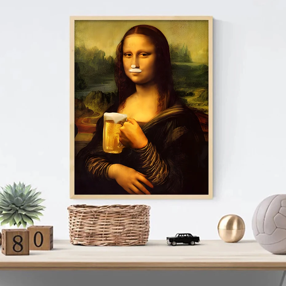 1PC Mona Lisa Drinking Beer Funny Poster Modern Classic Wall Art Canvas Painting Print Pictures Living Room Pub Cafe Decor