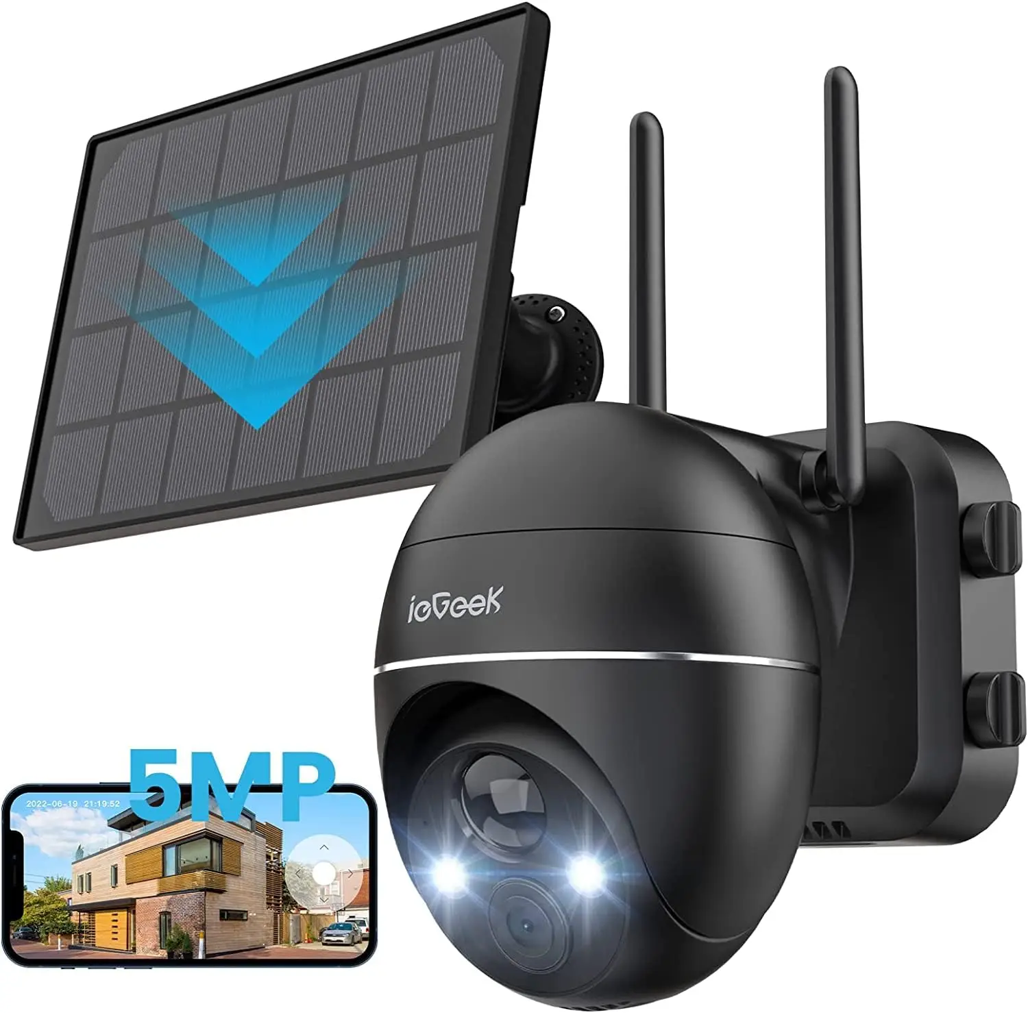 IeGeek 5MP 360 °   Caméra de sécurité solaire extérieure avec vision nocturne couleur, systèmes de caméras CCTV sans fil à batterie, caméra de sécurité domestique Wifi PTZ, détection de mouvement, sirène, projecteur, interphone vocal, compatible avec Alexa, PTZ