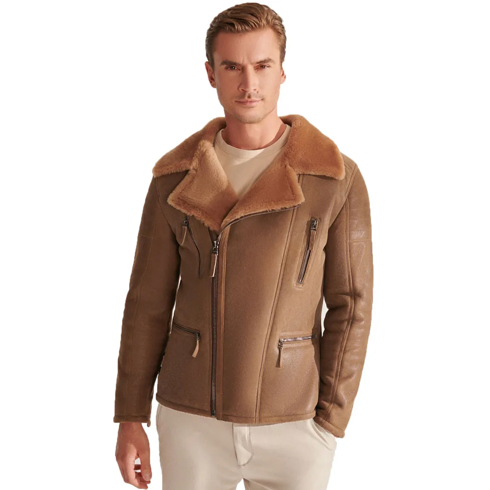 Denny&Dora Mens Shearling Jacket - Brown Leather Short Sheepskin Coat for Men