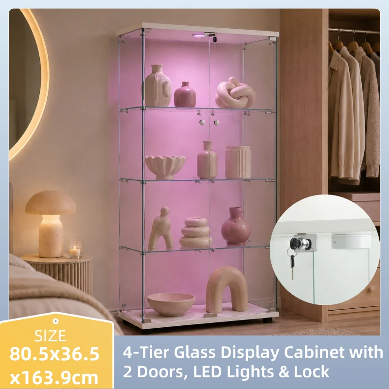 Vitrine à 4 Niveaux avec 2 Portes et Éclairage LED Réglable, Vitrine Verrouillable avec Serrure, Bibliothèque Autoportante pour Salon, Chambre