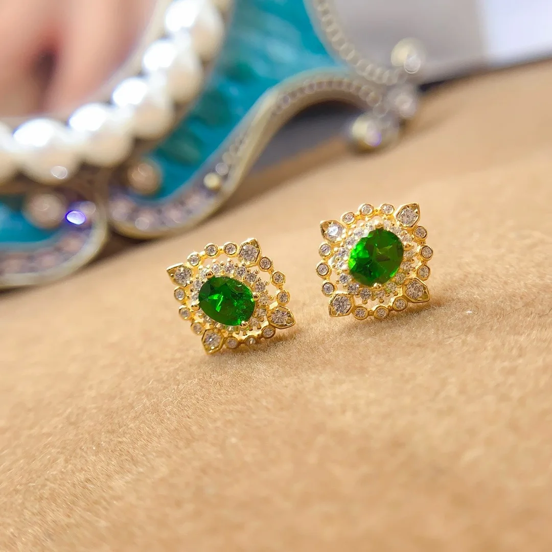 KJJEAXCMY boutique jewelry natural diopside women's earrings 4x5mm electroplated 18K gold hollow out design, give girlfriend's