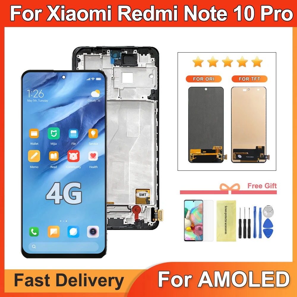 Super AMOLED Screen for Xiaomi Redmi Note 10 Pro M2101K6G M2101K6R LCD Display Touch Screen Digitizer for Redmi Note 10 Pro