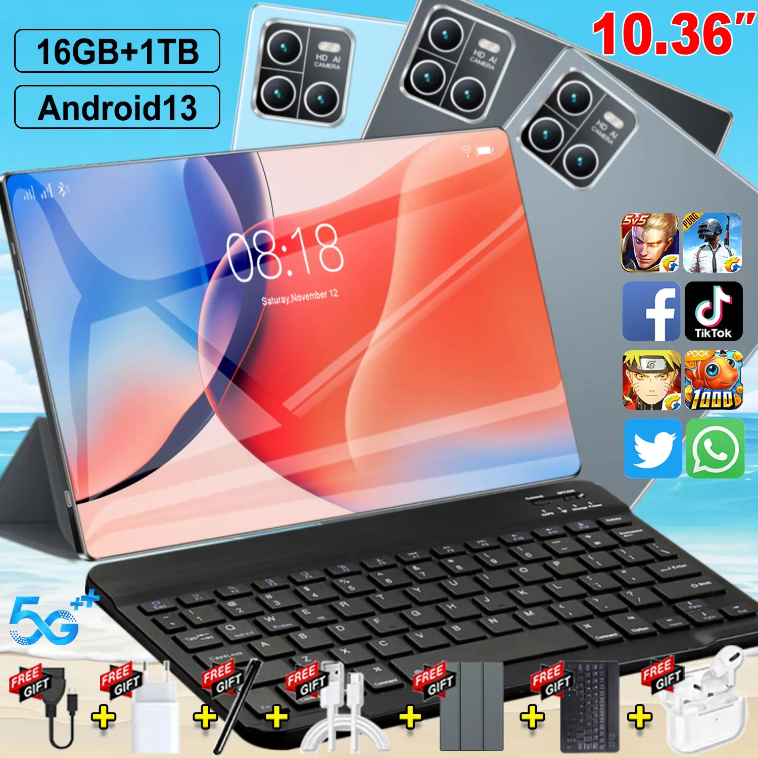Versión Global, Tablet 4K HD de 10.36 Pulgadas, 20000mAh, 14 Núcleos, Android 16GB 1TB, Android 13.0, 5G, WIFI, Bluetooth, WPS, Tableta PC, Nueva