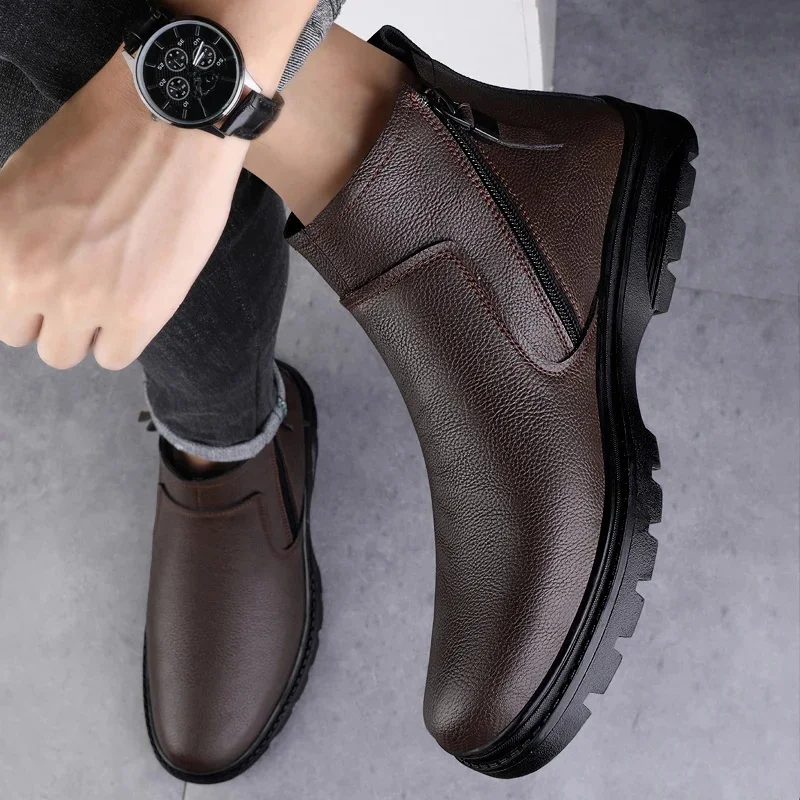 Nowa moda Komfortowe męskie buty Chelsea Prawdziwe skórzane buty do kostki Boczny zamek błyskawiczny Męskie buty biznesowe Ciepłe pluszowe buty zimowe na futro — zdjęcie 2