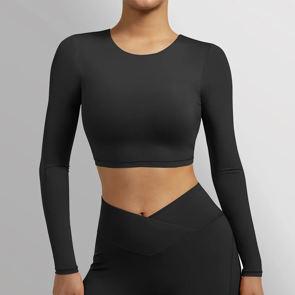 Sports Shirt Top Crop Top Bra Sexy Open Back Gym Plus Size Shockproof Fitness Running Gym Clothing Long Sleeve Yoga Shirts Women