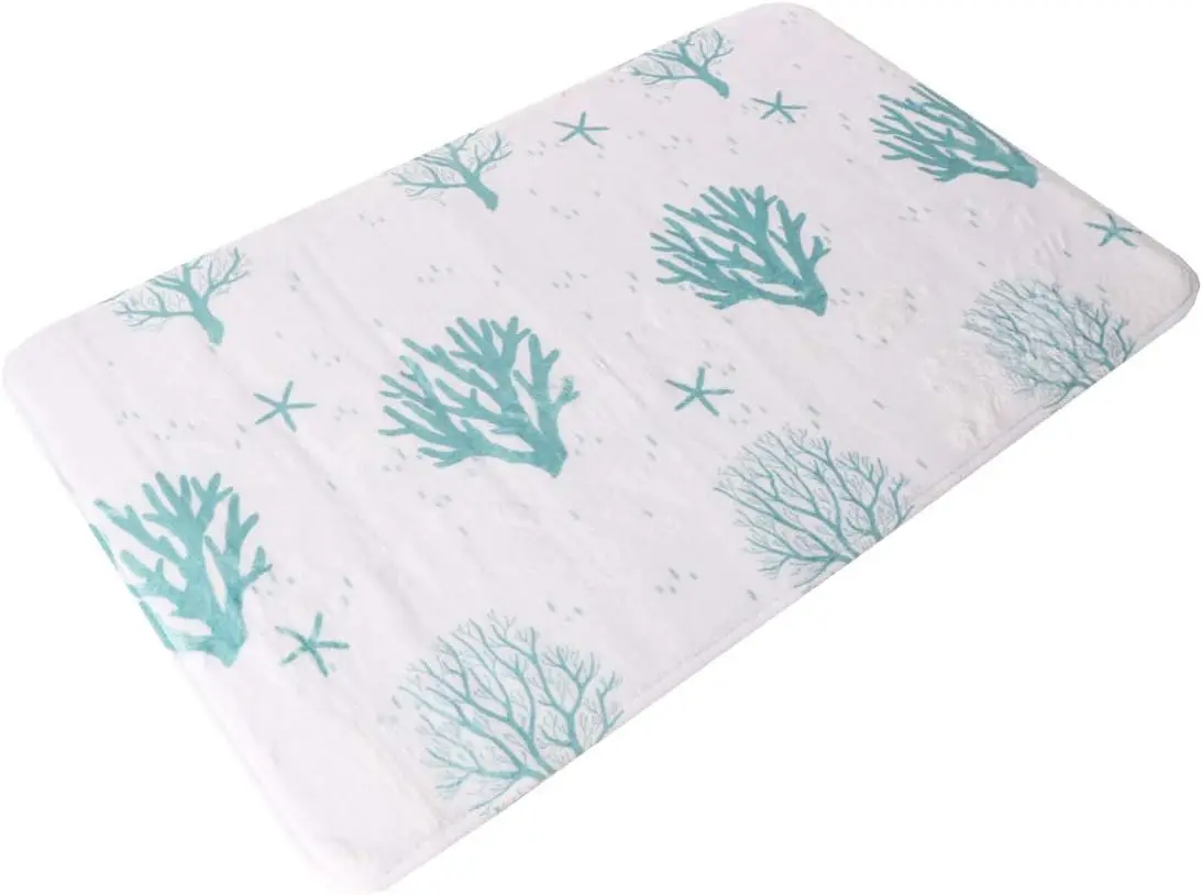 BM Carpet Antislip Absorberende Microvezel Flanel 45x75 cm Blauwe Zachte Absorberende Vloermat voor Badkuip, Douche en Badkamer met Versierd Minnow Motief