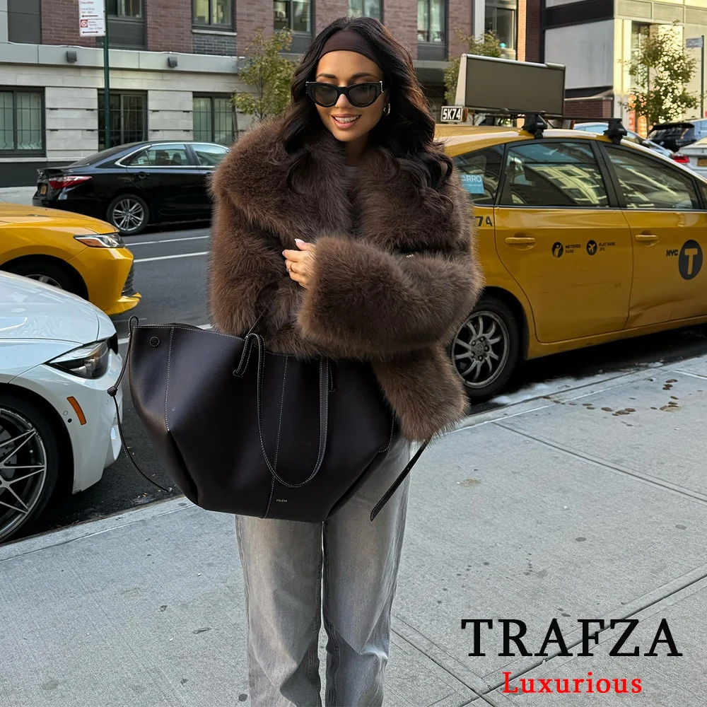 TRAFZA Casual Brown Thick Fur Jackets Women Long Sleeve V Neck Autumn Winter Faux Fur Coats Fashion 2024 Streetwear Outwears