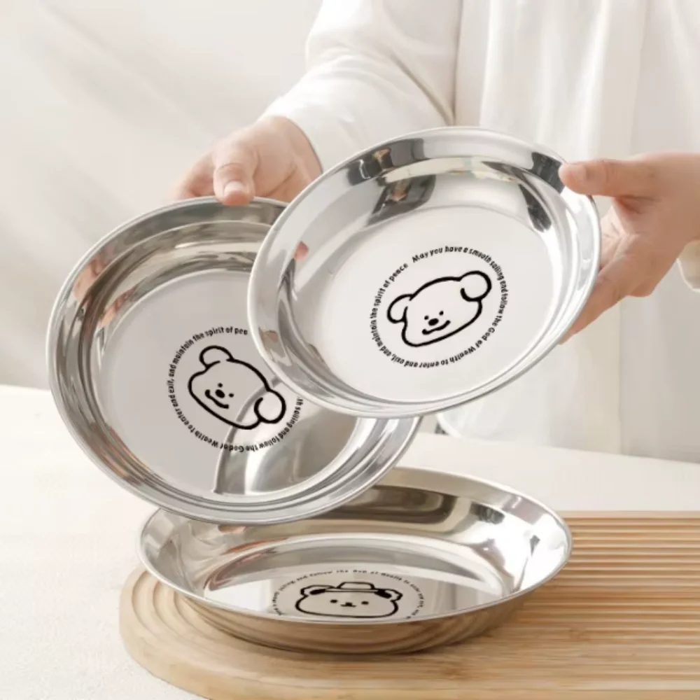 Stainless steel mini plates, round plates, suitable for children and adults on a diet, reusable, non-toxic, shockproof and dishw