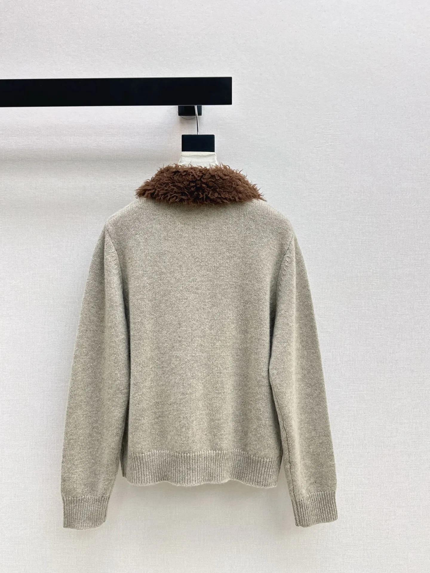 

Shearling-Look Collar & Eco-Suede Patch Cardigan Jacket Custom Wool Yarn Blend Designer Knit Coat Fall Winter