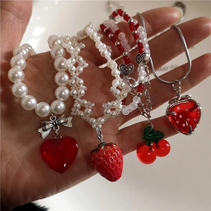 Y2k Erdbeer Anhänger Halskette Halsreif für Frauen Kinder Schmuck Nachahmung Perlen hals