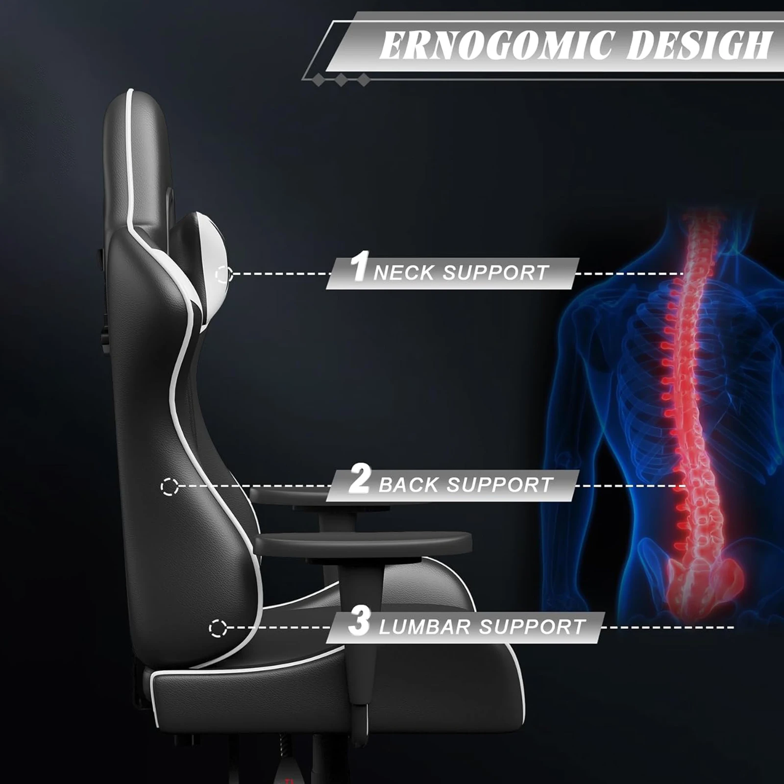 Fotel gamingowy Bigzzia krzesło do pracy na komputerze ergonomiczne krzesła dla graczy z poduszka lędźwiowa regulowanym krzesłem biurowym do gier