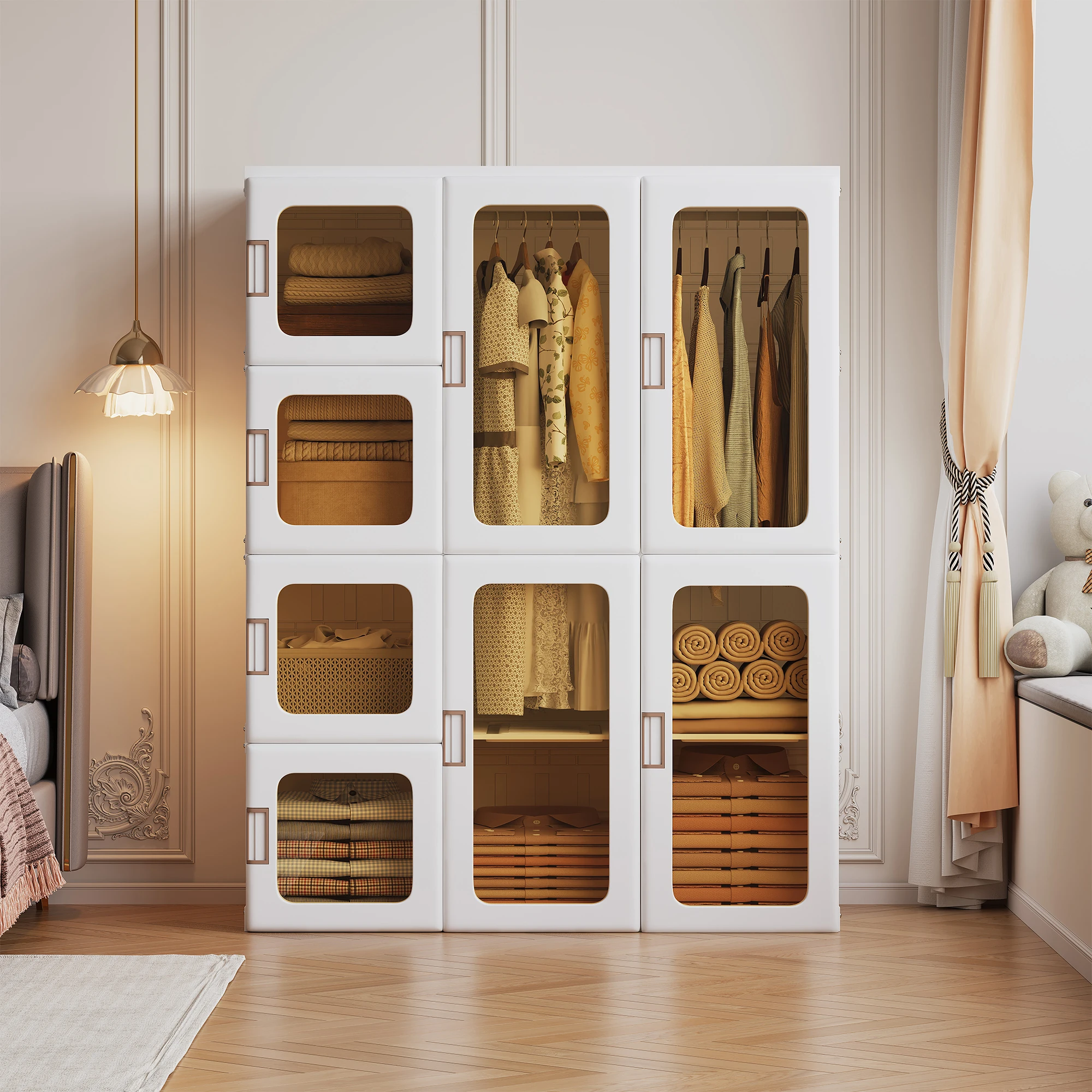 Superaly, armario de 104×50×36 cm con varios niveles, mueble de almacenamiento colgante, mueble de almacenamiento de pie, armario de almacenamiento a prueba de polvo para dormitorio, para ropa y ropa de cama, mueble de almacenamiento con varios niveles, mueble de almacenamiento para dormitorio, color blanco.