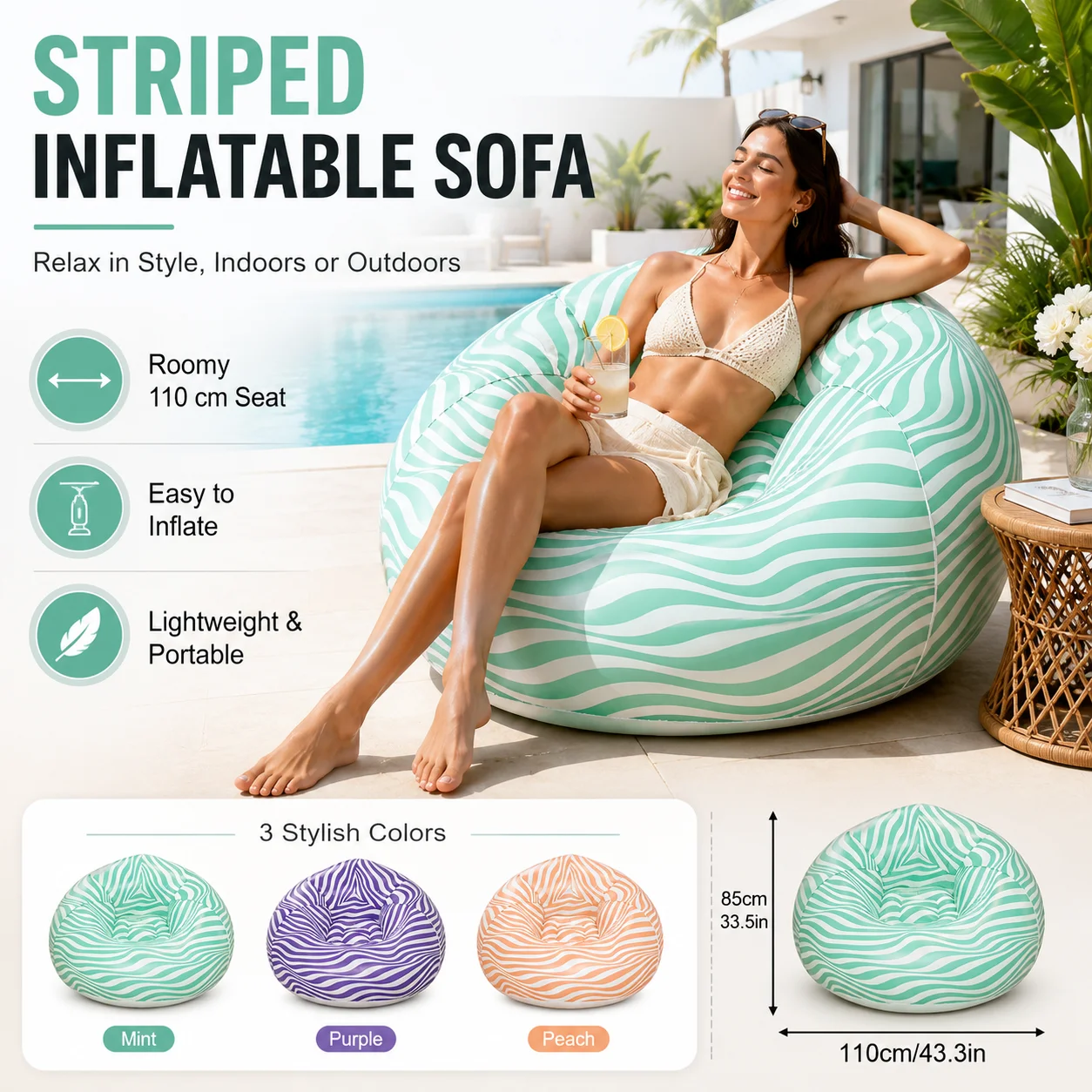 1PC Inflatable Bean Bag Chair, Air Sofa Striped Lounge Sofa, PVC Lazy Recliner Pool Float Indoor Outdoor Portable Waterproof - view 6