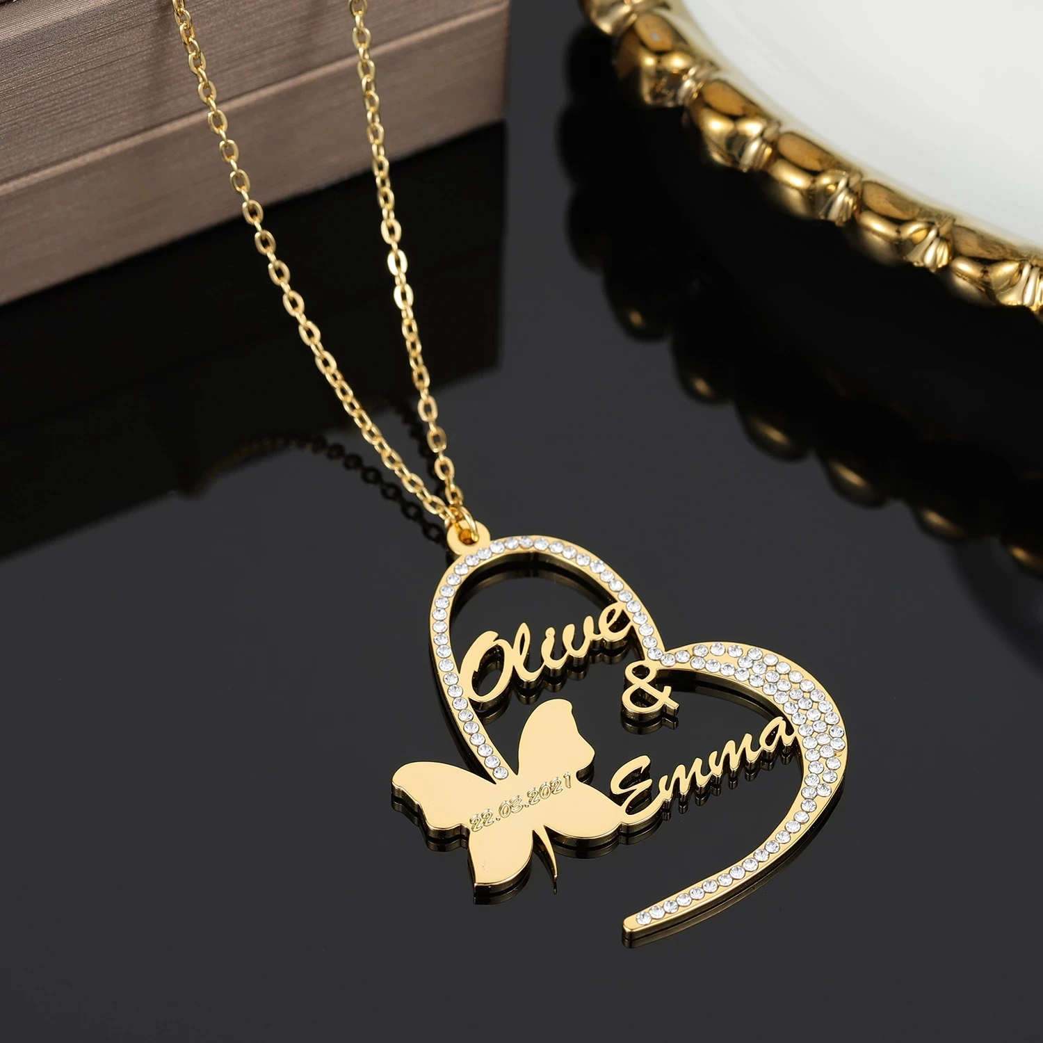 Personalized Double Name Necklace With Butterfly Custom Stainless Steel Nameplate Name Pendant For Women Gift Anniversary Gift