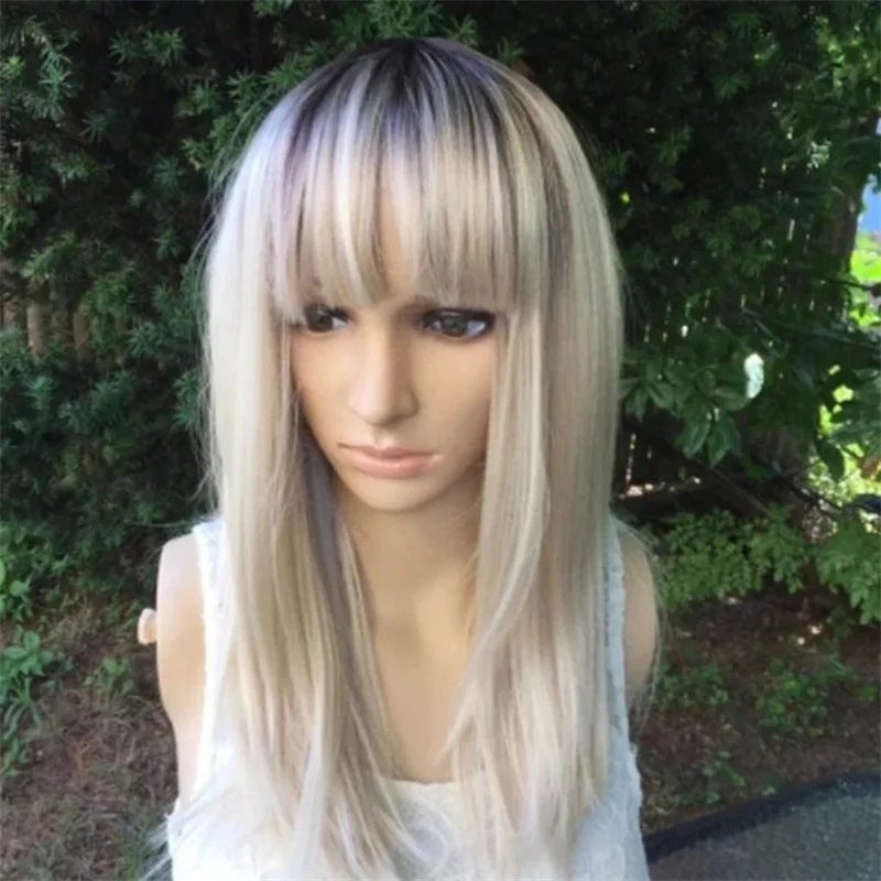 Ombre Blonde Wig with Bangs Layered Hair Ash Brown Roots 18