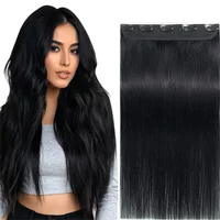 Extensiones de cabello con Clip de una pieza, cabello humano negro oscuro con Clip en cabello humano de 24 pulgadas, cabello Remy liso de cabeza completa 3/4, 5 Clips