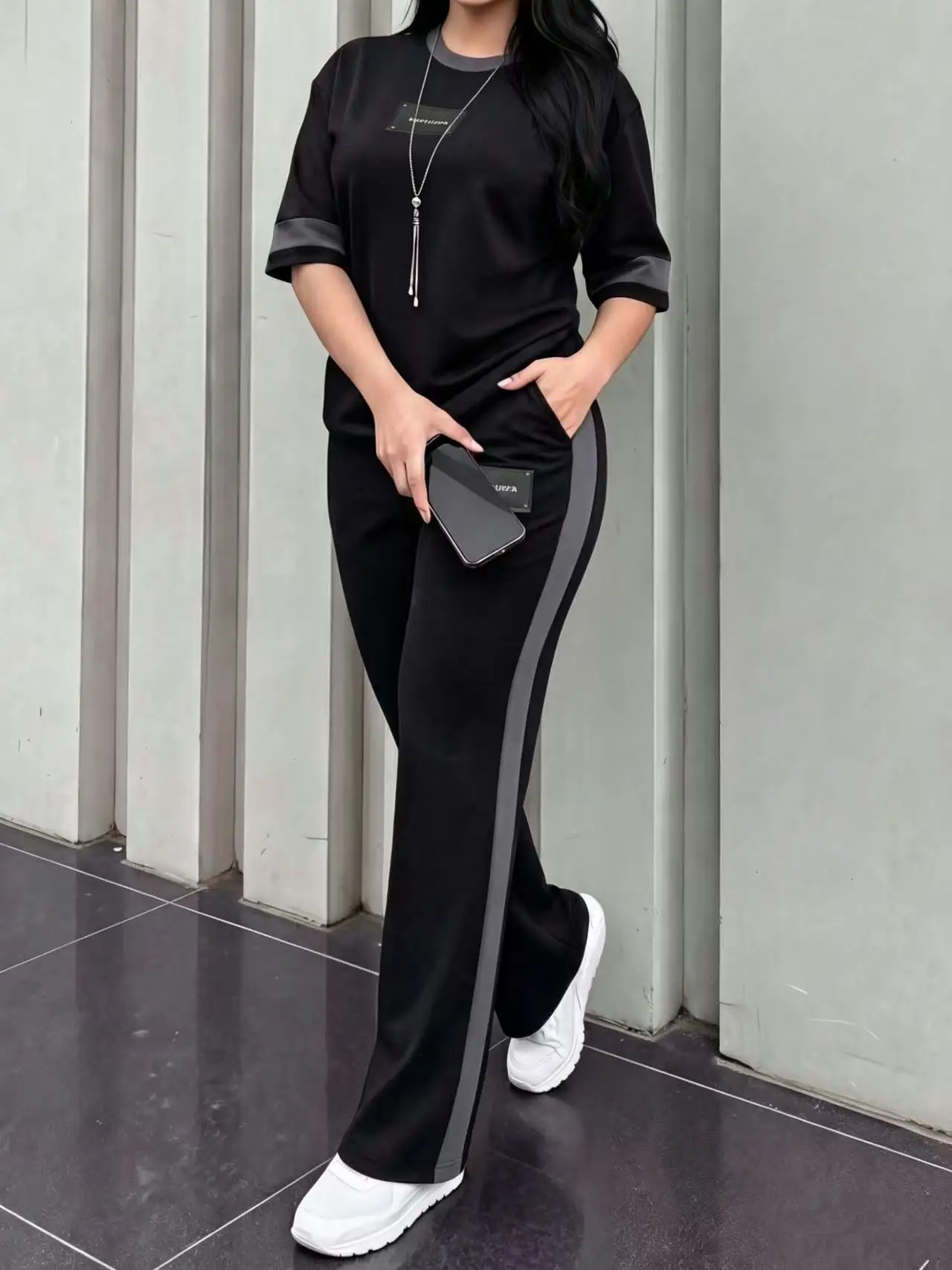 Spring/Summer Women's New Round Neck Short-Sleeve T-Shirt Paired with Casual Daily Elastic Waist Loose Long Pants Two-Piece Set