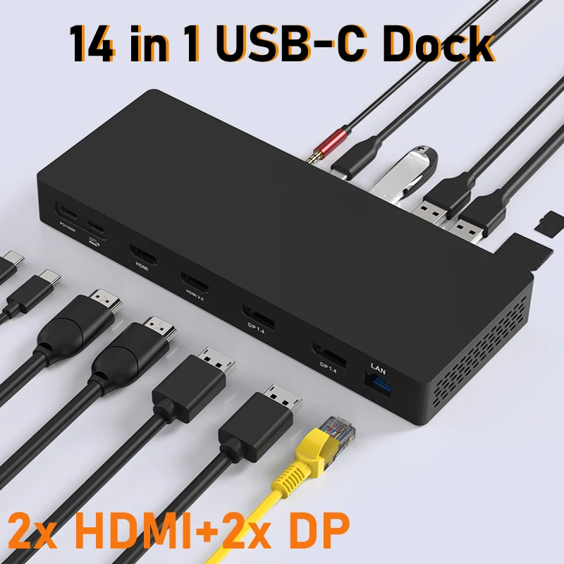 14 in 1 Dual DisplayPort 4k 60hz MST dock HD hub usb c docking station 2x hdmi laptop accessories for MacBook Pro Air Mac mini