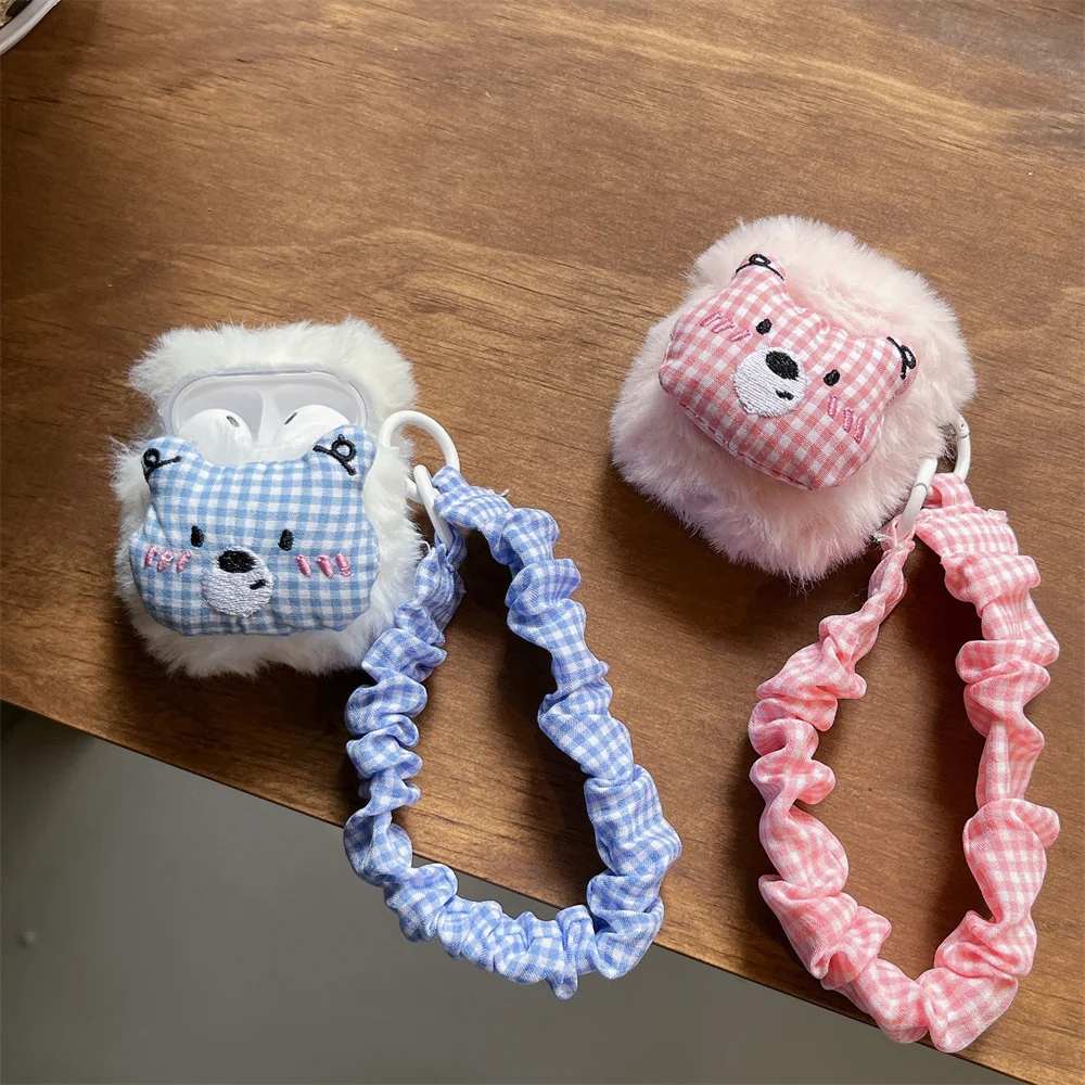 

New Creative Checkered Rabbit Bear Plush Earphone Case for Apple Airpods 4 3 2 Pro 2 3 Bluetooth TPU Earphone Case