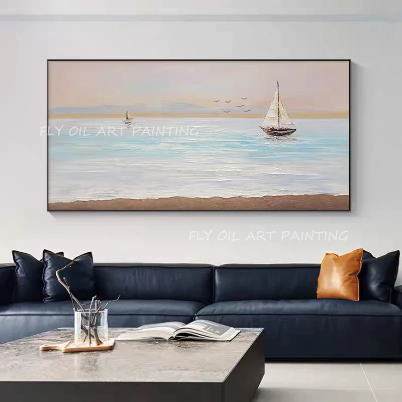 

Ocean sailboat thick seaside wall texture slice images living room manual canvas oil painting art poster bedroom adornment