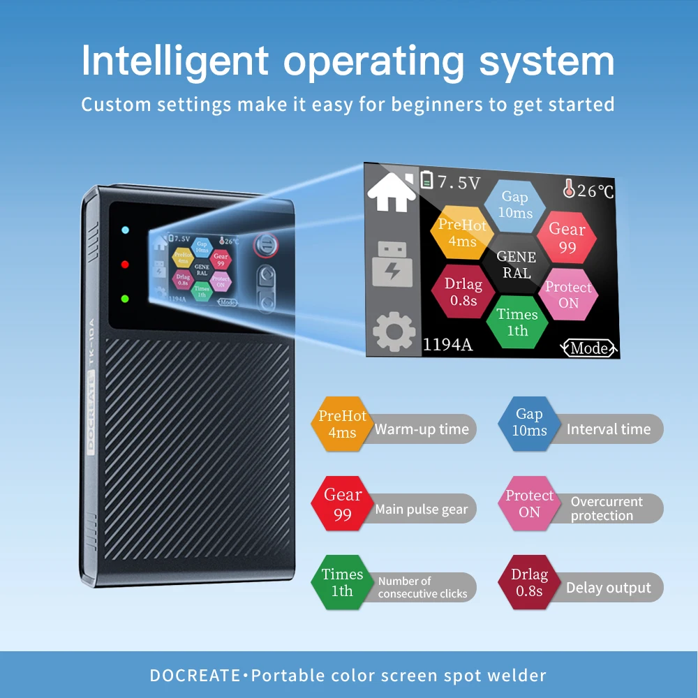 DOCREATE TK-10A ماكينة لحام البقعة المحمولة 1200A شاشة الكريستال السائل بطارية 8000mAh لحام النبض المزدوج 0.25 مللي متر لوحة النيكل سريعة