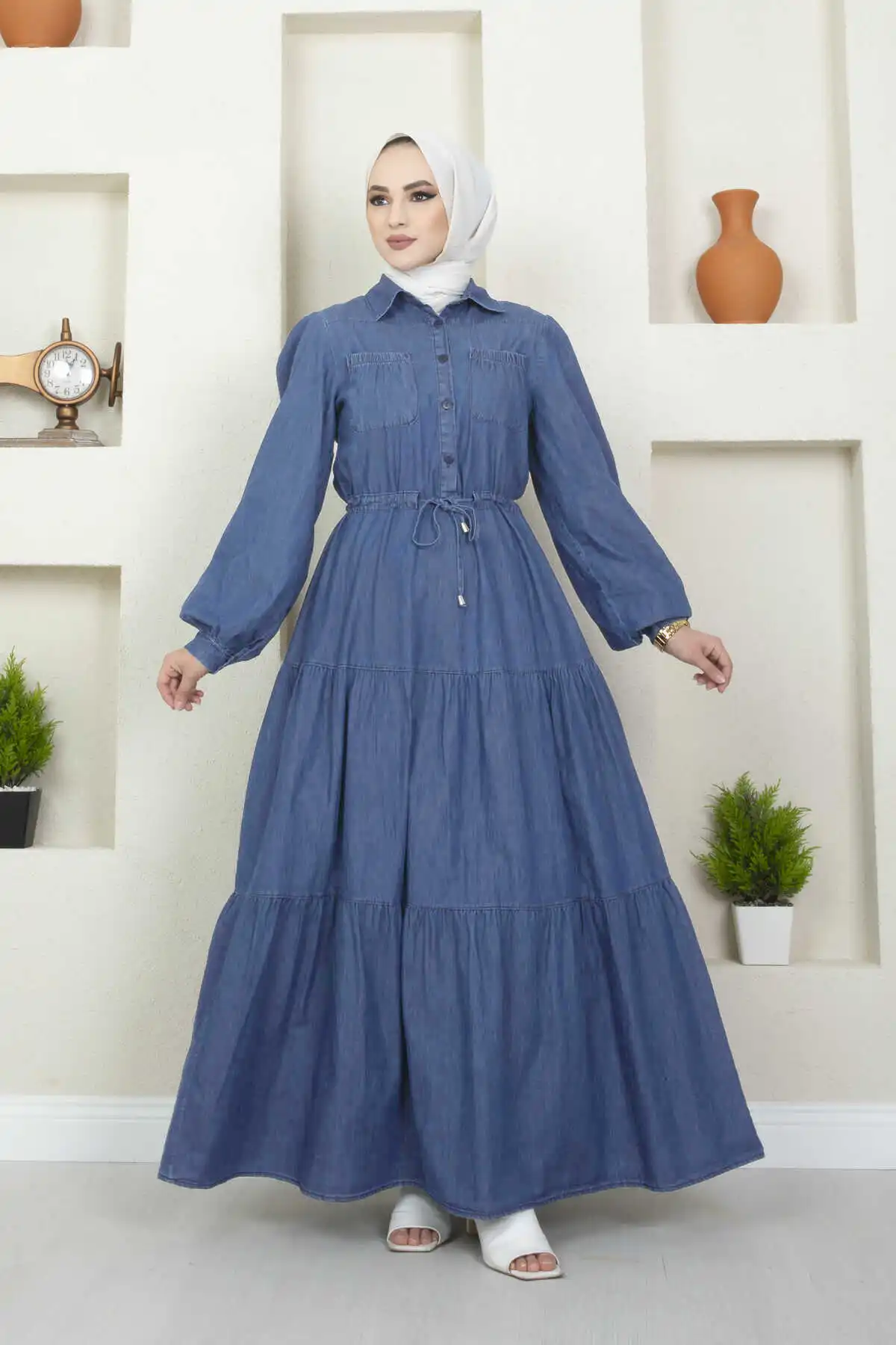 Women Pocket Detailed Denim Hijab Dress All Muslim Hijab Dubai Abaya Turkey Kaftan Islamic Clothing Casual Femme Vestido Caftan