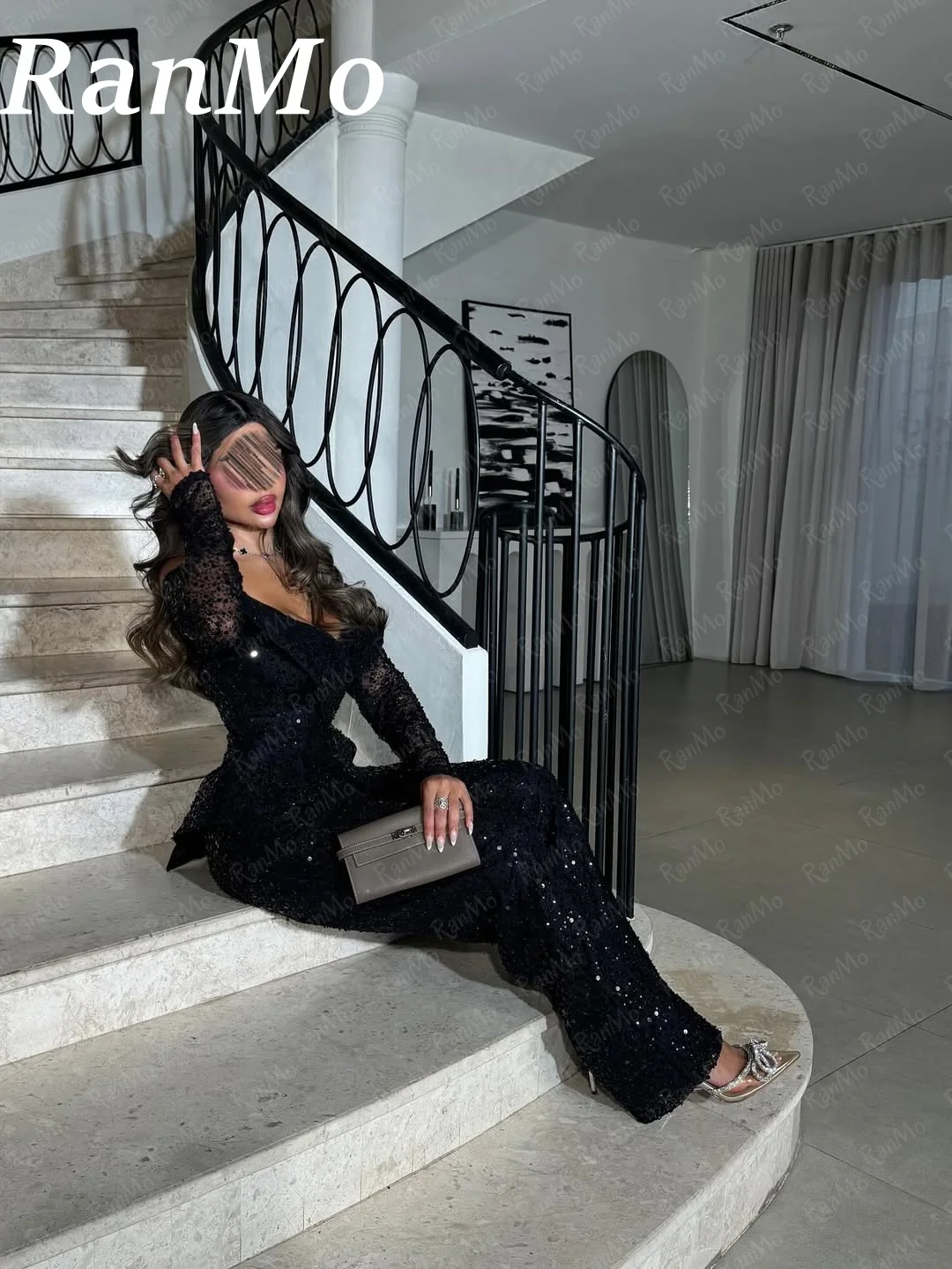 Ranmo Eleagnt Customized Sequin Embellished Prom Dress Jumpsuit Evening Party Gown Black Off Shoulder Beaded Wedding Guest Dress