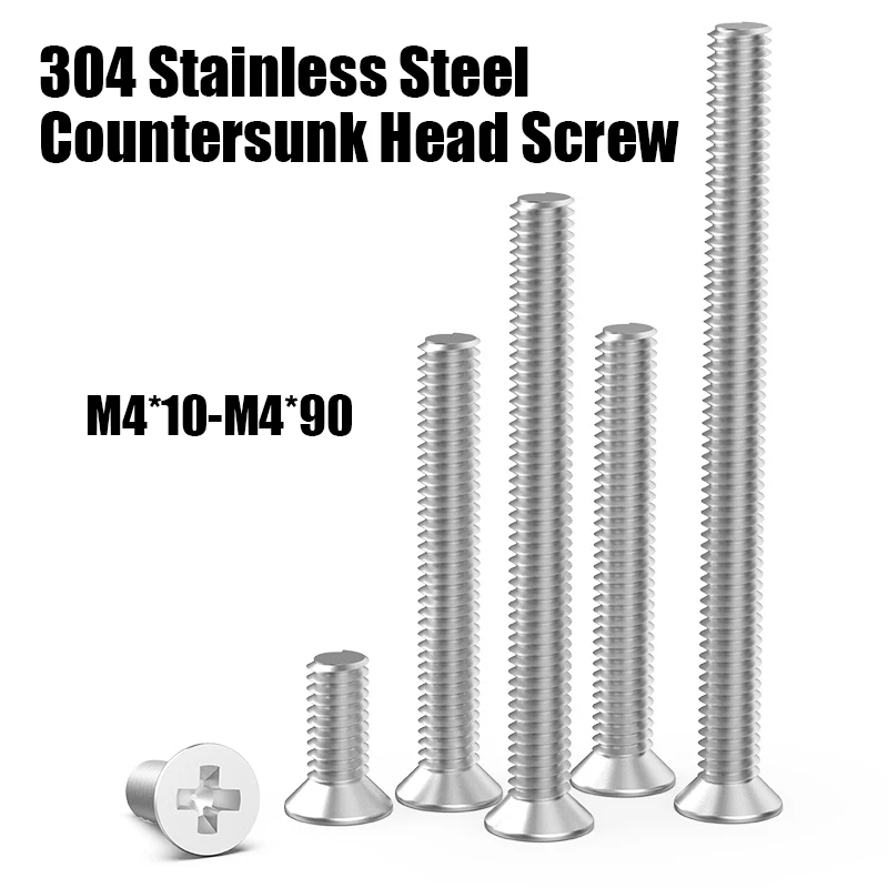 

20-200PCS M4*10-M4*90 304 Stainless Steel Phillips Countersunk Head Screw M4 Screw GB819 Cross Flat Bolt Furniture Machine Screw