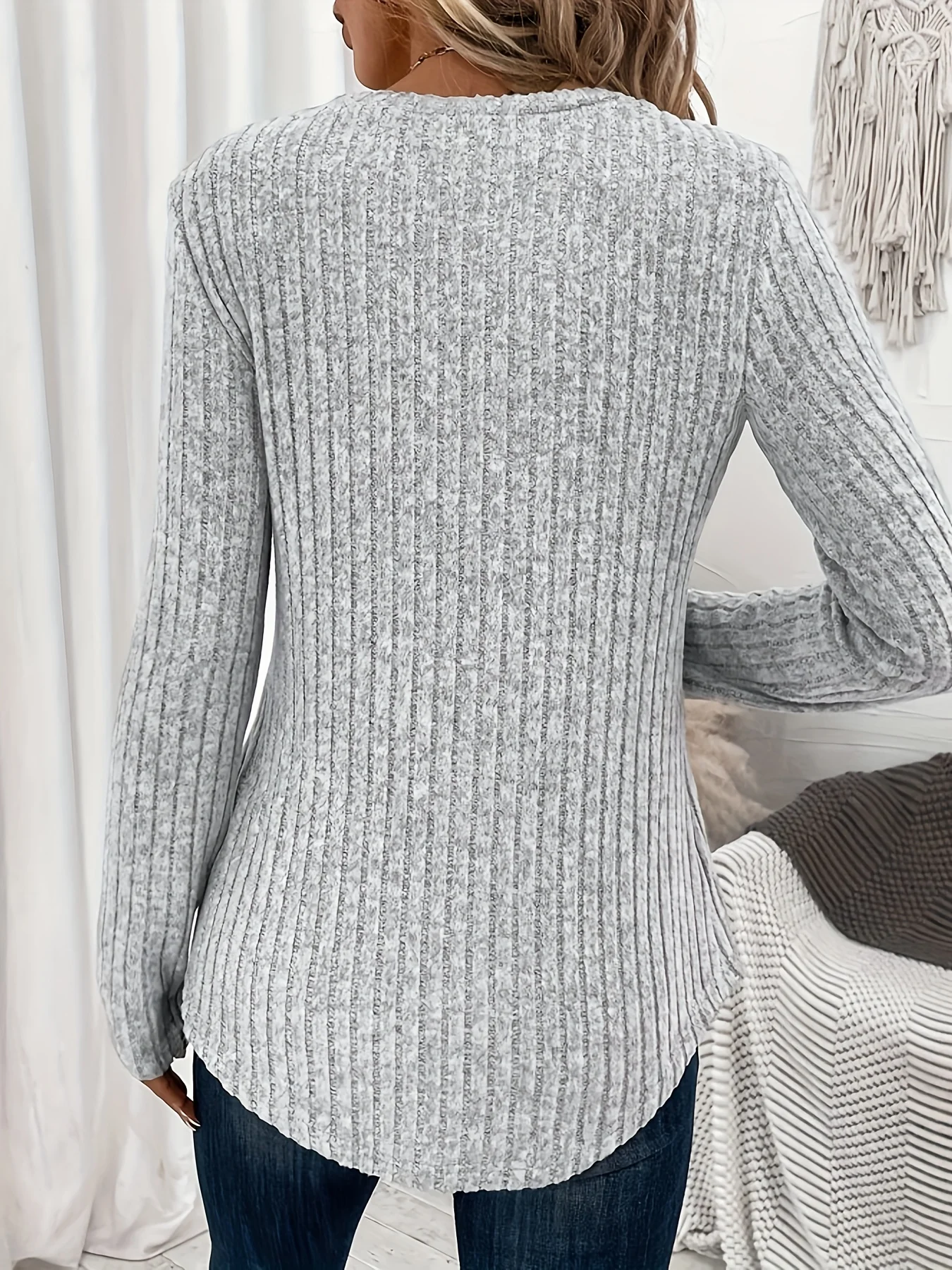 Vibrant Ribbed Button Front Long Sleeve V Neck T-Shirt - Soft Casual Wear for Spring & Fall - Women's Comfortable Clothing for E