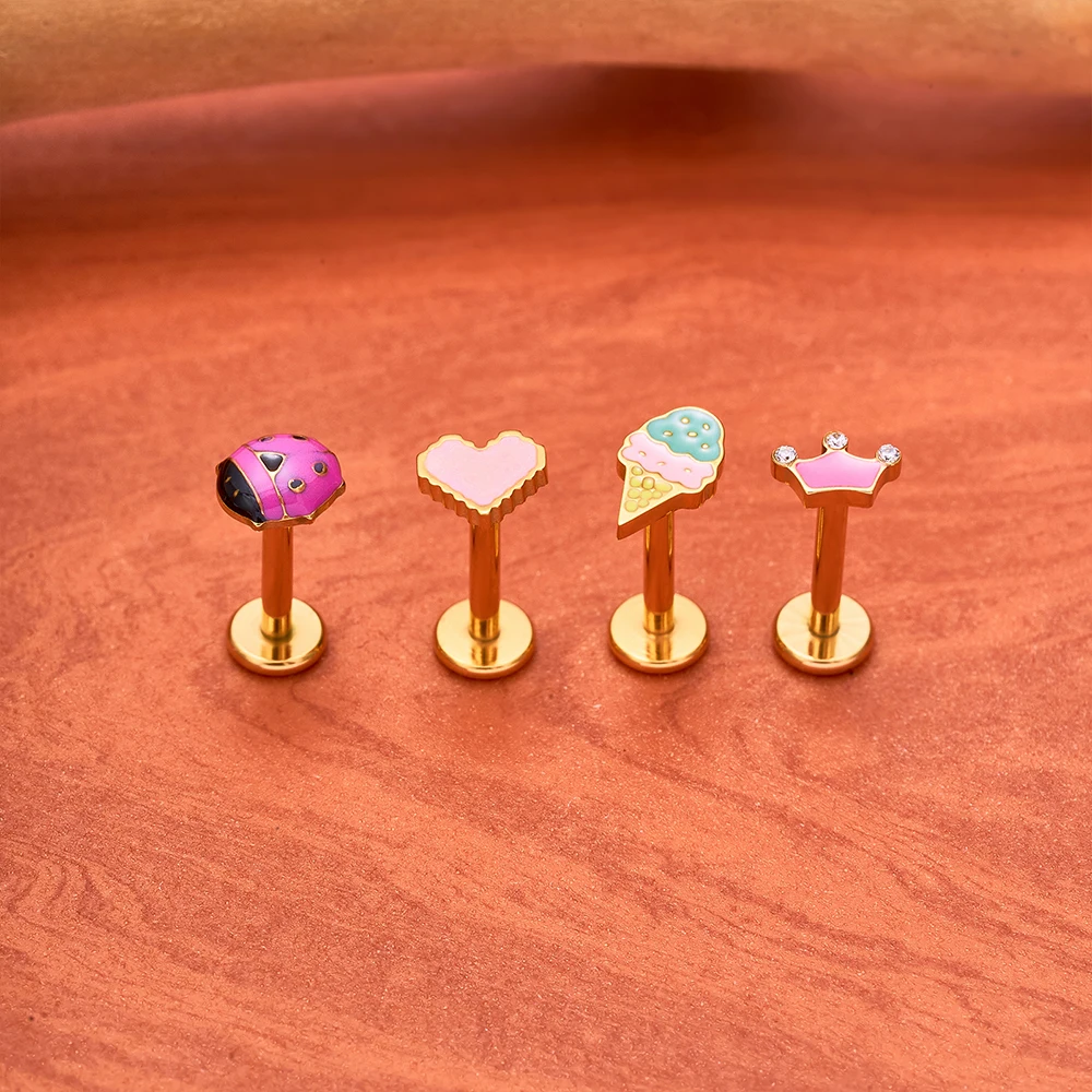 ASTM F136 التيتانيوم Threadless Piercing16G/18 جرام/20 جرام شكل قلب زهرة دفع دبوس Labret الشفاه الدائري مسمار ثقب القرط مجوهرات