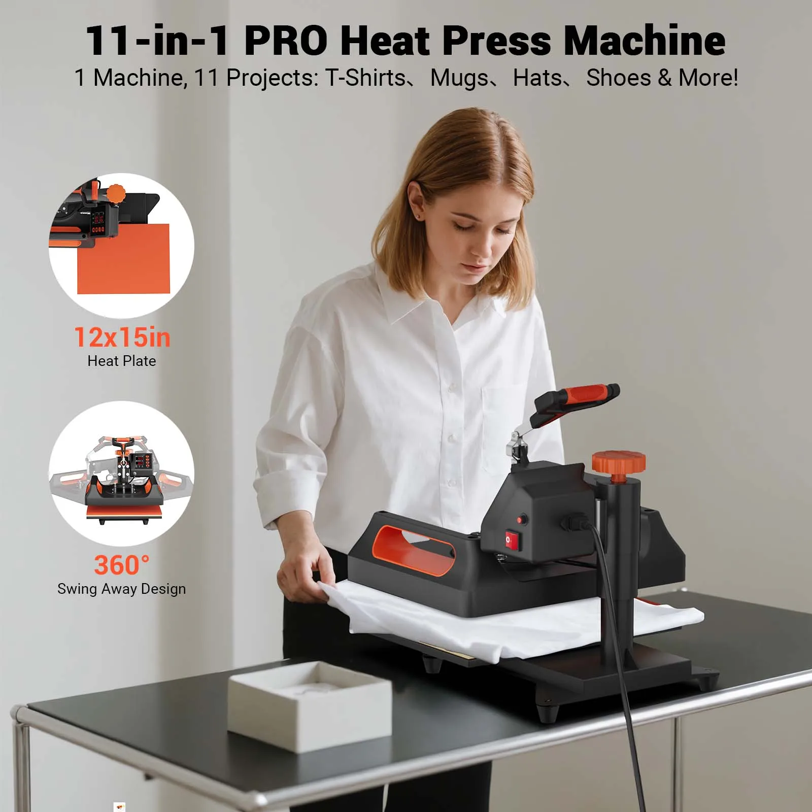 11 in 1 Heat Press Machine Tshirt Press Machine 360° Swing Away Digital Shirt Printing Multifunction Heat Transfer Clamshell Sublimation for T-Shirt Hat Cap Mug Plate Pen Shoes, 15x12 Inch