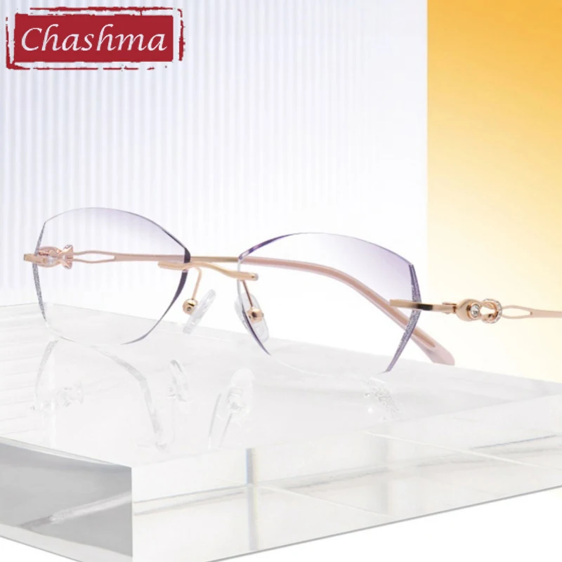 Chashma Prescription Glasses Women Fashion Eyeglasses Elegant Diamond Trim Rimless Titanium Eyewear for Tint Color Recipe Lenses