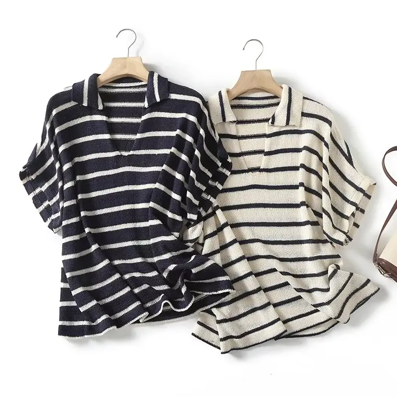 

Jenny&Dave Fashion Casual Commuter T-shirt Women For Summer French Elegant Lazy Wind Loose Striped Top