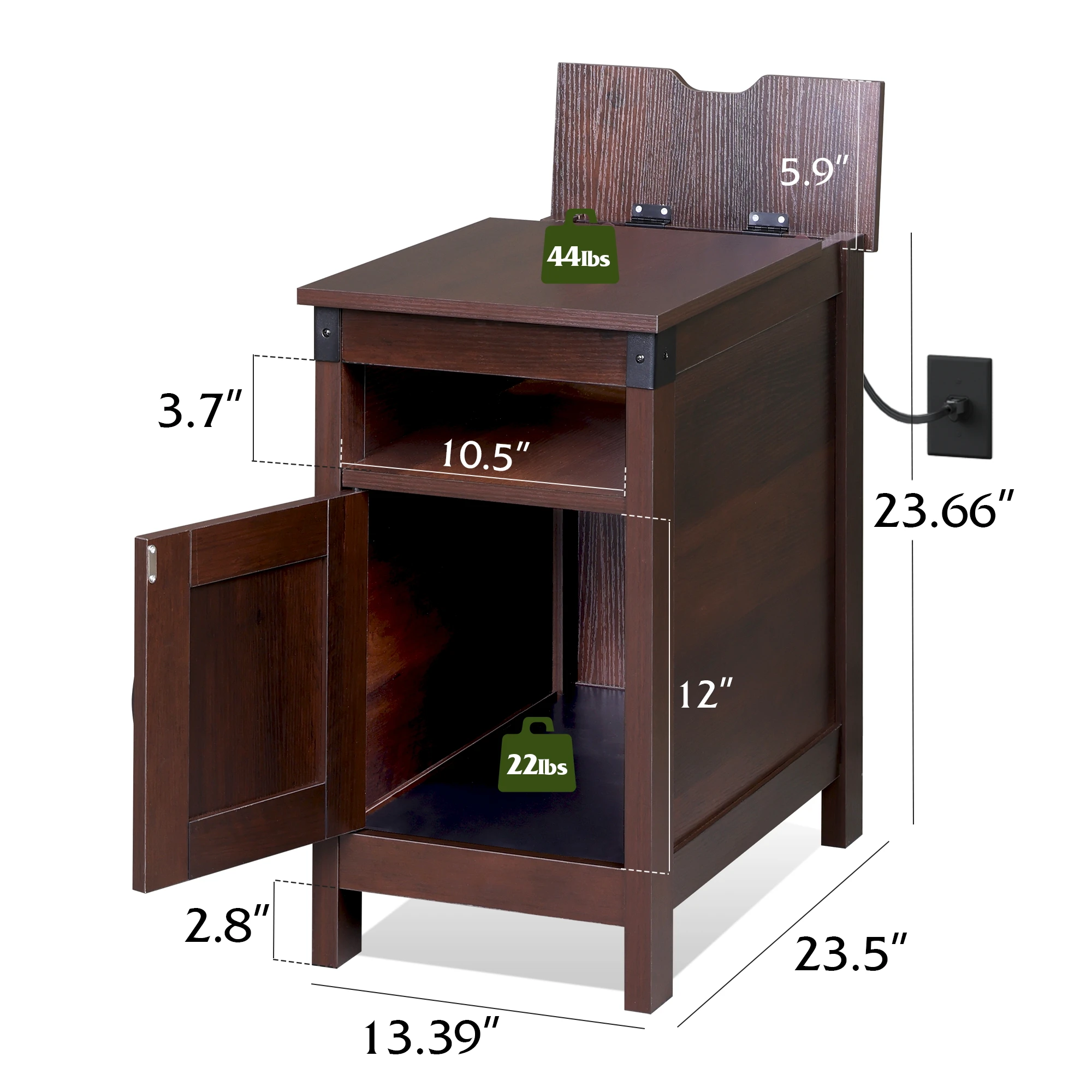 1pc End Table with Charging Station, Narrow Side Table for Living Room, Farmhouse Night Stand with Storage, Small Wooden Cabinet with USB Ports and Outlets for Living Room and Bedroom