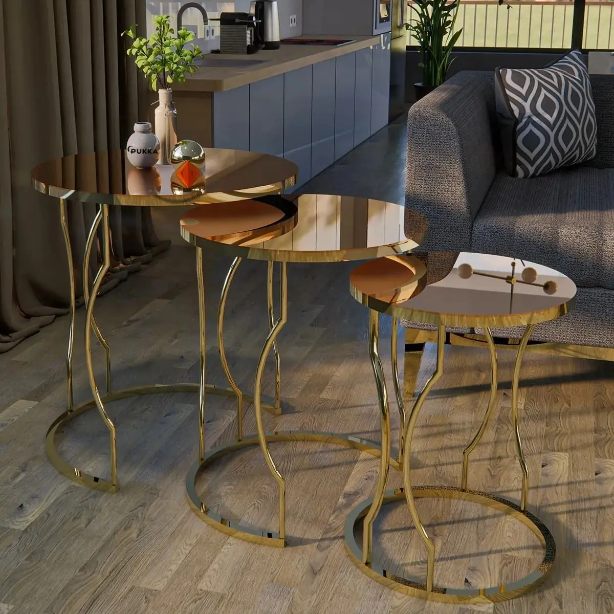 Luxury Nesting Tables Set of 3 Gold Leg Marble Patterned Unbreakable Glass 3Pcs Nordic Coffee Tables for Living Room Furniture