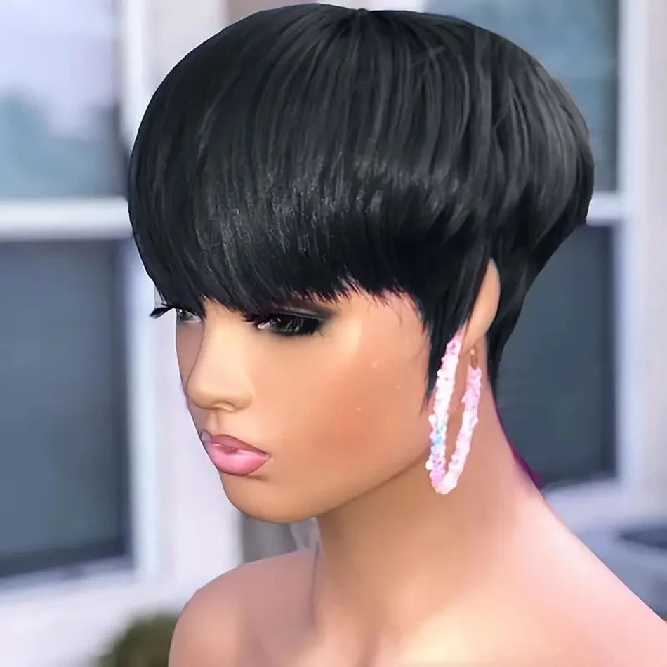 100% Human Hair Pixie Cut Straight Short With Bangs Brazilian Remy Human Hair Wigs Machine Made Wig For Women Natural Black