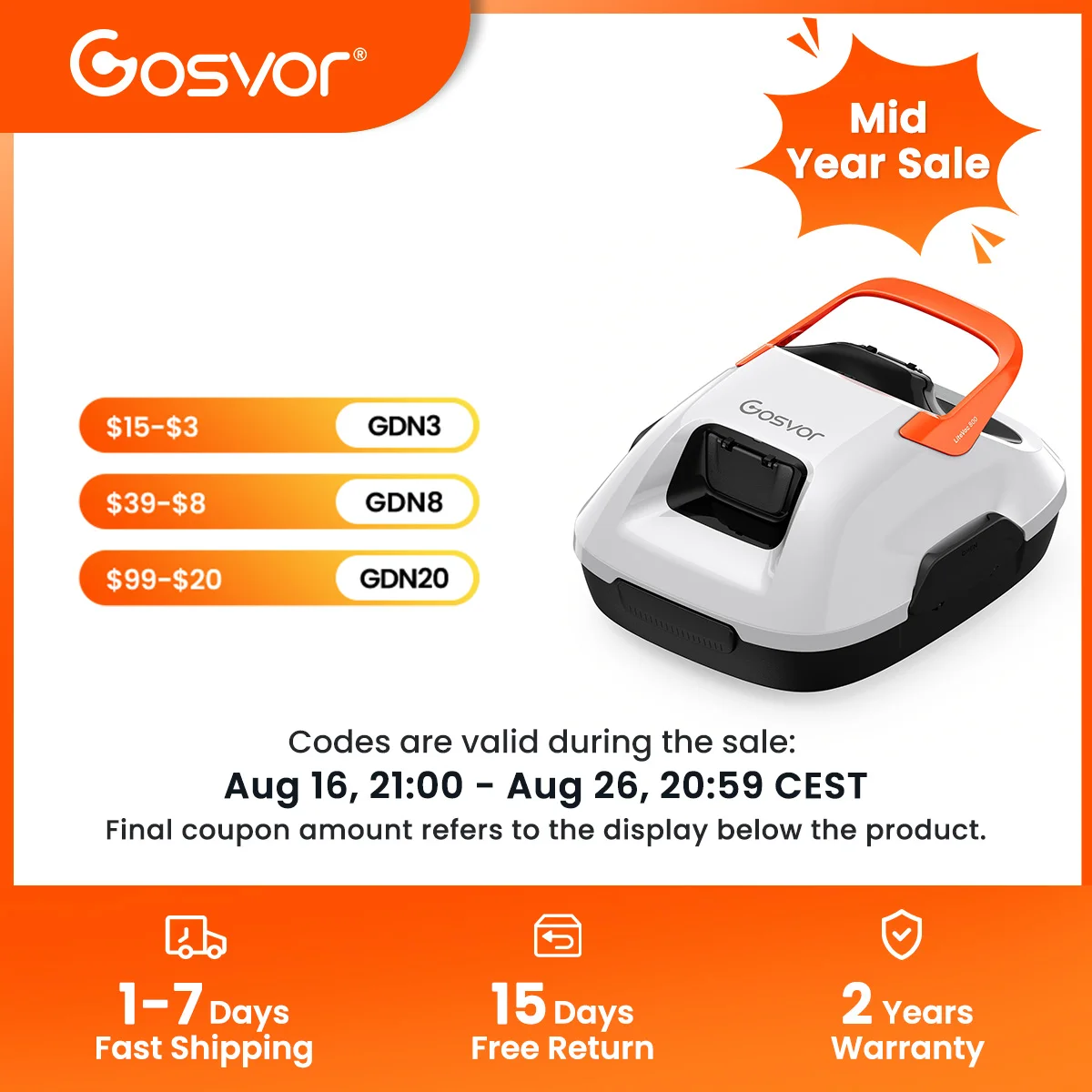 2026 New Gosvor Pool Vacuum, Dual Cleaning Modes, Cordless Robotic Pool Cleaner Lasts 90 Mis, Self-Parking, Portable, 1200-1900GPH, Ideal for Above Ground Pool up to 860 sq.ft